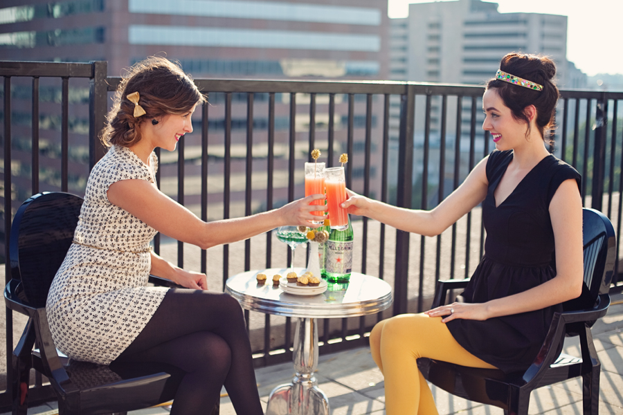 girls toasting with champagne bellini